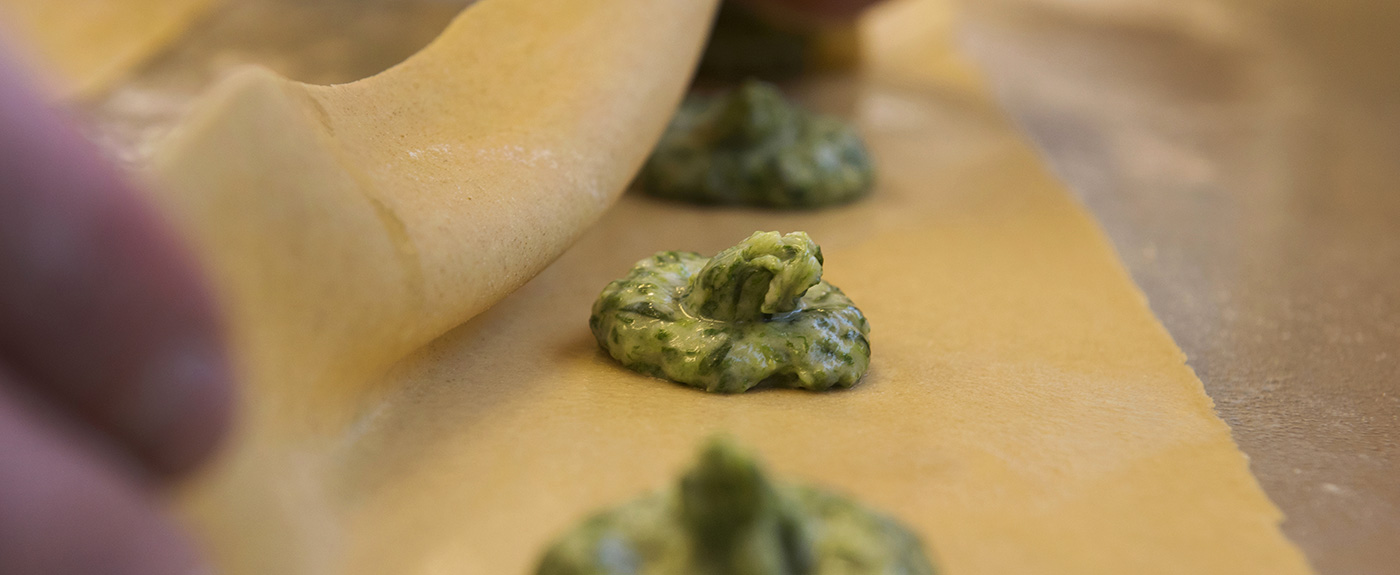 Spinach filling on pasta dough that will become traditional ravioli
